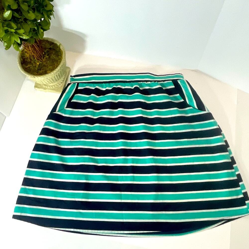 Everly Navy Aqua Stripe Skirt Lined with Pockets Size L